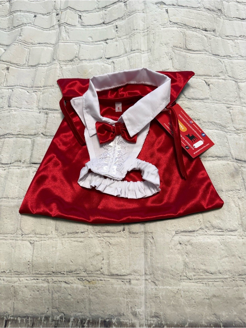 Pet Warrior Red Satin Vampire Cape Costume for pets with White Collar & Bow.
